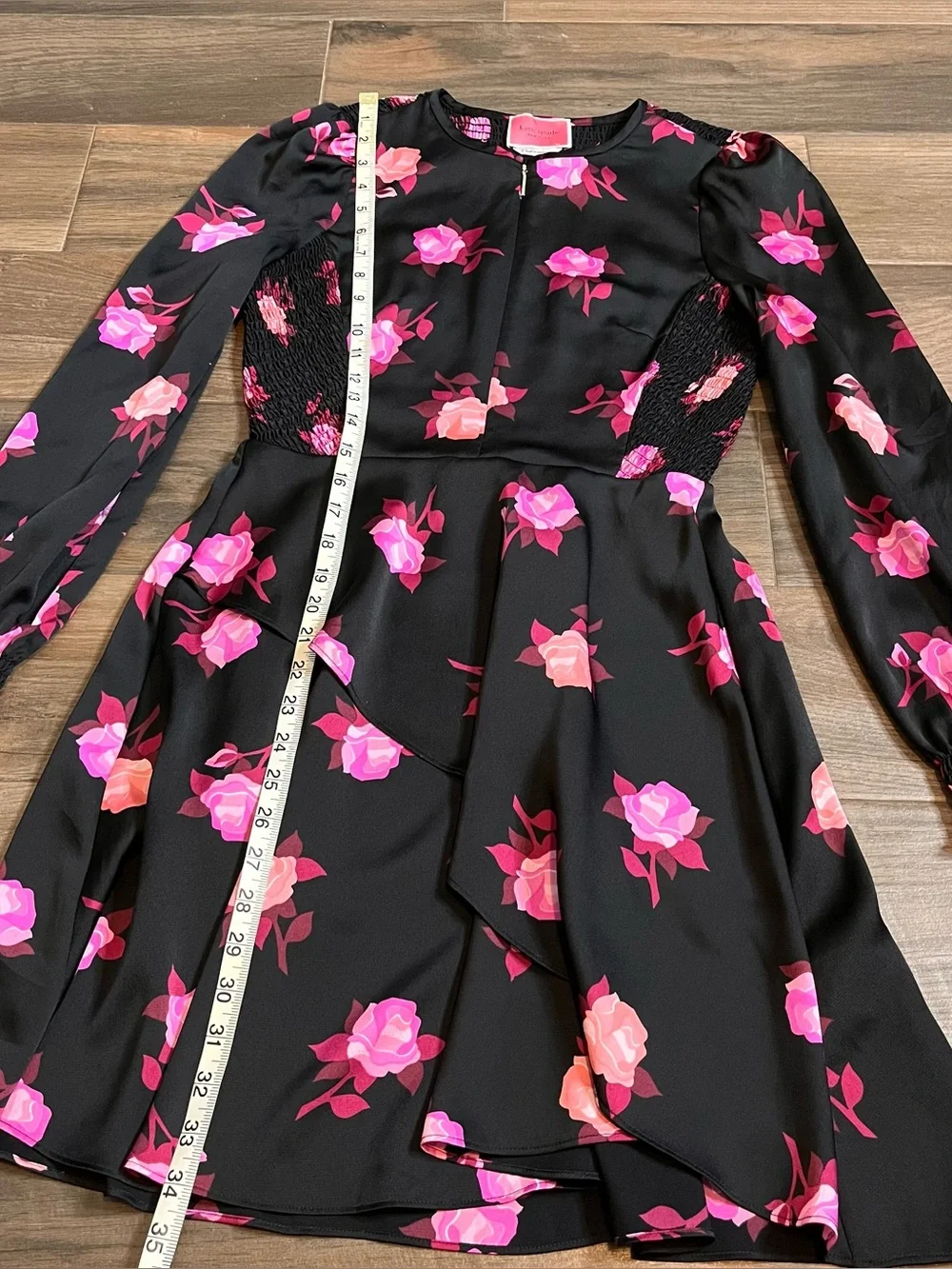 Kate Spade NY Rose Garden Smocked Satin dress black pink